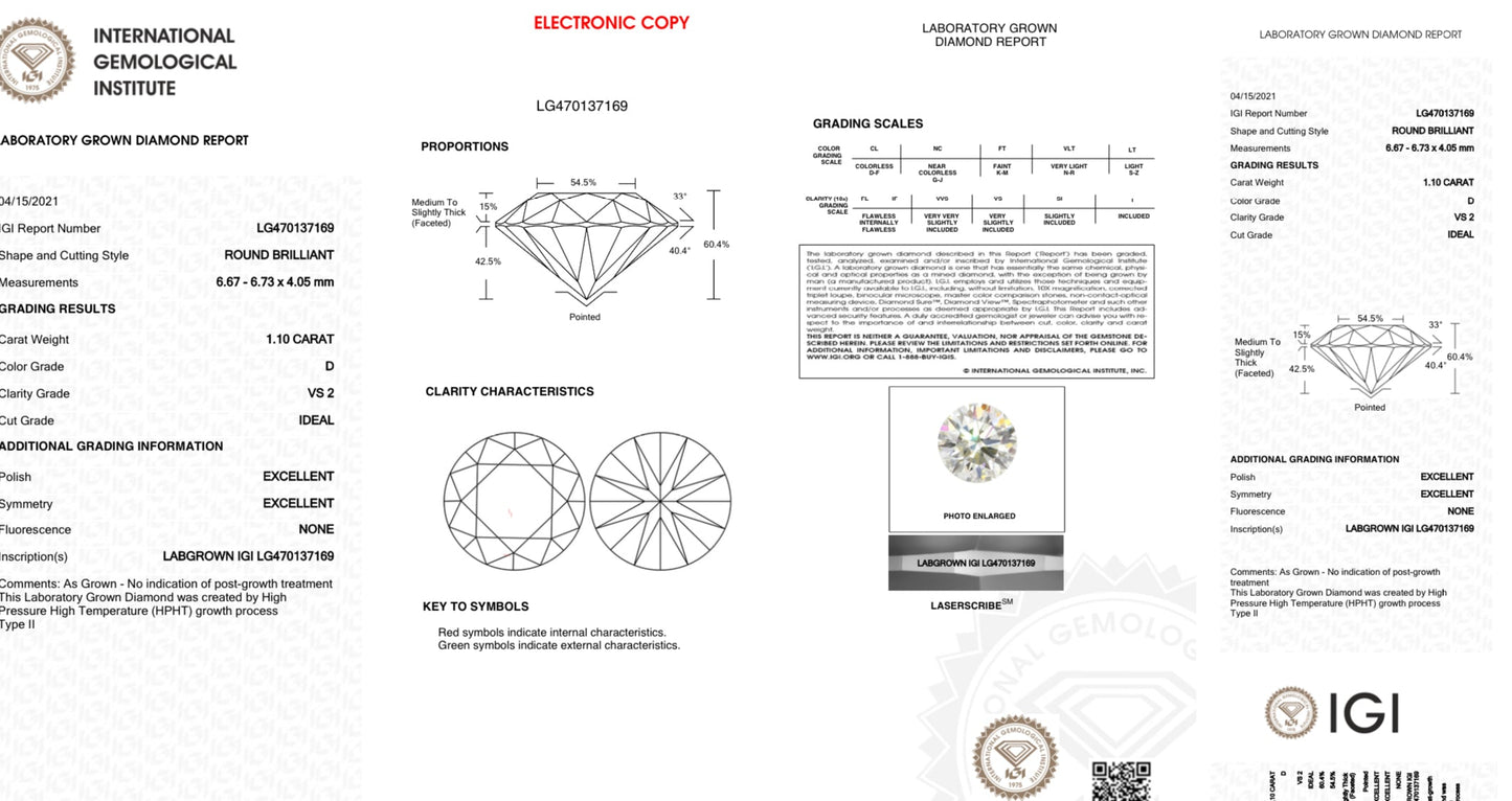 Diamante lab grown en corte redondo de 1.10qts