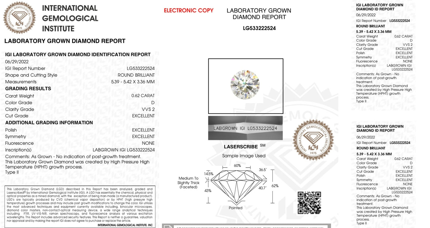 Diamante lab grown en corte redondo de .62qts